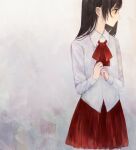  1girl ascot black_hair closed_mouth collared_shirt commentary_request cowboy_shot expressionless grey_background hair_over_shoulder highres ib ib_(ib) long_hair long_sleeves looking_to_the_side multicolored_background pleated_skirt red_ascot red_eyes red_skirt shirt skirt solo toki_(fujikitoki) untucked_shirt white_background white_shirt 