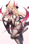  1girl absurdres ass bat_wings black_pantyhose blonde_hair breasts cleavage demon_girl hand_on_own_cheek hand_on_own_chest hand_on_own_face heart heart_tail highres horns huge_breasts leg_up long_hair looking_at_viewer mouth_veil original pantyhose pointy_ears red_eyes see-through simple_background solo standing standing_on_one_leg tail veil very_long_hair wings zhi_jiyang 