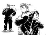  2boys adjusting_clothes alternate_costume back-to-back bara blush collage facial_hair gakuran goatee greyscale grin highres long_sideburns male_focus master_1_(housamo) monochrome multiple_boys muscular muscular_male saro_(rotsw_00022) school_uniform short_hair sideburns size_difference smile takabushi_kengo tokyo_afterschool_summoners translation_request yaoi 