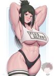  1boy 1girl abs absurdres alternate_muscle_size armpits arms_behind_head biceps black_panties blush boku_no_hero_academia breasts chibi chibi_inset closed_mouth clothes_writing crop_top green_eyes green_hair highres large_breasts latin_text long_hair looking_at_viewer mature_female midoriya_inko midoriya_izuku mother_and_son muscular muscular_female navel paid_reward_available panties sidelocks smile speedl00ver stomach striped striped_thighhighs sweatdrop thick_thighs thighhighs thighs underboob underwear 