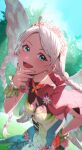  1girl aduti_momoyama ahoge blue_eyes braid breasts capelet fairy fairy_wings fire_emblem fire_emblem_fates fire_emblem_heroes flower hair_flower hair_ornament hand_on_own_chin hand_on_own_hip highres leaf_bracelet looking_at_viewer low_twin_braids medium_breasts nina_(fire_emblem) nina_(resplendent)_(fire_emblem) official_alternate_costume open_mouth parted_bangs pink_capelet pink_flower twin_braids white_flower white_hair wings 