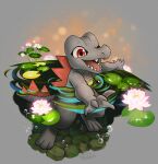  5_fingers absurd_res anthro biped fingers flower generation_2_pokemon grey_body haychel hi_res lily_pad nintendo open_mouth open_smile partially_submerged plant pokemon pokemon_(species) scalie smile solo tail totodile water 