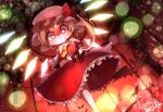  1girl ascot bat_(animal) blonde_hair bright_pupils collared_shirt commentary_request feet_out_of_frame flandre_scarlet frilled_skirt frilled_sleeves frills glowing glowing_wings hat hat_ribbon holding holding_stuffed_toy indoors mob_cap parted_lips puffy_short_sleeves puffy_sleeves red_eyes red_ribbon red_skirt red_vest ribbon shirt short_sleeves side_ponytail skirt solo stuffed_animal stuffed_toy teddy_bear touhou vest white_headwear white_pupils white_shirt wings yellow_ascot yukkyon_kyon 