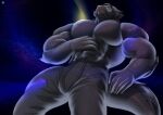  abs absurd_res anthro biped bottomwear clothing cosmic_background dragon hand_on_stomach hi_res lying male muscular muscular_anthro muscular_male on_back pants pecs psych_hydra scales sharf solo starry_background tail translucent translucent_body translucent_clothing 