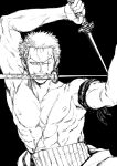  1boy abs bandana_around_arm chief_(chiefvinsmoke) earrings frown greyscale highres holding holding_sword holding_weapon incoming_attack jewelry long_sideburns looking_at_viewer male_focus monochrome muscular muscular_male navel nipples one_piece pectorals roronoa_zoro sanpaku scar scar_across_eye serious short_hair sideburns solo sword topless_male triple_wielding upper_body weapon 