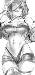  1girl arm_behind_back ass_visible_through_thighs azur_lane baltimore_(azur_lane) baltimore_(finish_line_flagbearer)_(azur_lane) bare_shoulders bikini breasts chest_harness cleavage cropped_jacket greyscale grin harness hat highleg highleg_bikini highres large_breasts micro_shorts monochrome navel race_queen shorts smile solo swimsuit thighhighs ulrich_(tagaragakuin) underboob unfinished 