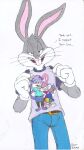  absurd_res anthro babs_bunny bedroom_eyes belt blue_bottomwear blue_clothing blue_jeans blue_pants bottomwear bugs-bunny_(artist) bugs_bunny character_on_clothing clothing denim denim_clothing dialogue female female/female fifi_la_fume gloves group hand_on_clothing handwear hi_res jeans lagomorph leporid lgbt_pride looney_tunes male male/male mammal mephitid narrowed_eyes naughty pants pride_colors rabbit rainbow_flag rainbow_pride_flag rainbow_symbol seductive skunk talking_to_viewer tight_bottomwear tight_clothing tiny_toon_adventures traditional_media_(artwork) warner_brothers 