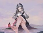  1girl arknights bare_legs barefoot black_dress black_gloves capelet closed_mouth cloud cloudy_sky crossed_legs day dokomon dress feet gloves grey_eyes grey_hair hand_on_own_cheek hand_on_own_face head_wings highres irene_(arknights) lantern long_hair long_sleeves looking_at_viewer outdoors rock scar scar_across_eye scar_on_face sitting sky soaking_feet soles solo toes very_long_hair water white_capelet wings 