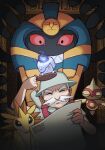  1boy baltoy candle closed_eyes cofagrigus facial_hair facing_viewer fire flame hat highres holding holding_map indoors litwick map mateus_upd mustache old old_man pokemon pokemon_(creature) ruin_maniac_(pokemon) sandslash short_sleeves 