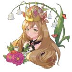 1girl absurdres bare_shoulders blonde_hair blush brooch celine_(fire_emblem) commentary crown fire_emblem fire_emblem_engage flower green_eyes hanzoku highres jewelry long_hair looking_at_viewer pink_flower smile solo upper_body very_long_hair white_flower 