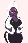  2023 absurd_res anthro bat big_breasts blazethefox breasts choker cleavage clothed clothing cute_fangs eyelashes facial_tuft female fully_clothed fur furgonomics green_eyes hand_in_pocket hi_res hoodie jewelry lacy_(blazethefox) leggings legwear looking_away mammal necklace pockets purple_body purple_fur shirt simple_background solo tank_top thick_thighs topwear white_background wide_hips 