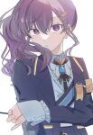  1girl asahina_mafuyu commentary gem hair_ornament hairpin hand_on_own_arm highres jewelry lapels long_hair long_sleeves looking_at_viewer magic_academy_of_sekai_(project_sekai) notched_lapels project_sekai purple_eyes purple_hair ring sidelocks simple_background solo suiu symbol-only_commentary upper_body white_background 