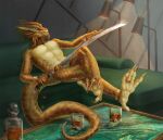  absurd_res alcohol anthro aurak authix beverage draconian dragon dragon_(dnd) dungeons_and_dragons feet foot_focus gold_dragon_(dnd) hasbro hi_res jewelry male melee_weapon paws scalie solo stylonychia sword talons toe_rings weapon whiskey wizards_of_the_coast 