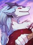  anthro blue_body blue_fur clothing cold fur hi_res looking_at_viewer male multicolored_body multicolored_fur portrait red_sclera rixxa_(darksci) sergal smirking_at_viewer solo two_tone_body two_tone_fur warrior weapon white_body white_fur yellow_eyes zhurzh 