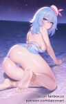  1girl :3 all_fours anklet artist_name ass back bare_shoulders barefoot blue_eyes blue_hair blue_panties breasts cameltoe crossed_bangs dress haiyi highres jellyfish jellyfish_hair_ornament jewelry large_breasts long_hair looking_at_viewer looking_back night ocean panties secon sideboob smile soles solo strapless strapless_dress synthesizer_v thighs toe_ring toes underwear vocaloid water water_dress white_dress 