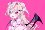  1girl :d animal_ears bare_shoulders bear_ears blonde_hair blush choker demon_wings ear_piercing fangs hair_ornament hairclip heart heart_hair_ornament heterochromia horns indie_virtual_youtuber long_hair looking_at_viewer mole mole_under_eye multicolored_hair off_shoulder official_art open_mouth piercing pink_background pink_choker pom_pom_(clothes) pom_pom_hair_ornament purple_eyes red_eyes simple_background smile solo streaked_hair tatejima_uri two-tone_hair upper_body virtual_youtuber wings 