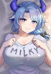  1girl animal_ears black_bow blue_eyes blue_hair bow breasts character_name collarbone cow_ears cow_horns grey_shirt hair_bow horns indie_virtual_youtuber large_breasts lying medium_hair miilkywayz mole mole_under_eye mole_under_mouth narunin on_back shirt smile solo swept_bangs symbol-shaped_pupils upper_body 