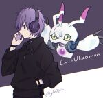  antennae_(anatomy) anthro bandai_namco black_cloting claws digimon digimon_(species) duo floating gdn0522 green_eyes hair headphones headphones_around_neck human lui_owada male mammal purple_hair ukkomon white_body 