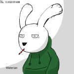  anthro candy candy_cane clothing dessert detailed_eyes digital_drawing_(artwork) digital_media_(artwork) food hoodie identification jacket lagomorph leporid male mammal number number_print pockets rabbit shaded simple_background simple_shading solo tagme text tired tired_eyes topwear vein waterian white_body 
