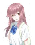  1girl backpack bag blue_bow blush bow bowtie brown_eyes brown_hair collared_shirt commentary_request highres koe_no_katachi long_hair looking_at_viewer mitsugu nishimiya_shouko nose_blush pink_hair school_uniform shirt short_sleeves simple_background solo upper_body white_background white_shirt wing_collar 