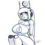  &lt;3 big_breasts breasts cleavage_cutout female green_hair hair huge_breasts humanoid looking_at_viewer machine navel open_mouth orange_eyes robot robot_humanoid signature simple_background sitting solo text thick_thighs unknown_character white_body zedrin 