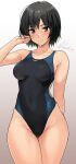  1girl amagami bare_arms bare_shoulders black_eyes black_hair breasts closed_mouth competition_swimsuit covered_navel cowboy_shot hand_up highleg highleg_swimsuit highres light_blush looking_at_viewer medium_breasts nanasaki_ai one-piece_swimsuit short_hair signature smile solo swimsuit twitter_username two-tone_swimsuit yoo_tenchi 