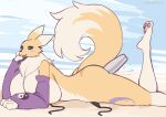  anthro bandai_namco big_breasts breasts digimon digimon_(species) female fur hi_res lemonbizate_(artist) lying on_front renamon sex_toy solo untied_bikini vaginal yellow_body yellow_fur 