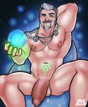  1boy abs bara cape energy_ball facial_hair feet_out_of_frame foreskin girthy_penis goatee half-erect highres king_magnifico large_pectorals looking_at_viewer lyu-beh_(luberaccoon) male_focus mature_male muscular muscular_male naked_cape navel nipples pectorals penis seductive_smile shaved_body short_hair smile smirk smug spread_legs stomach stomach_tattoo tattoo thick_eyebrows thighs wish_(disney) 