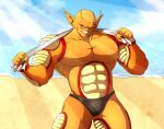  abs absurd_res alien antennae_(anatomy) beach big_muscles bodily_fluids clothed clothing dragon_ball grin hi_res humanoid justsimplymacy male muscular namekian orange_piccolo pecs piccolo sea seaside smile solo sweat swimwear topless towel transformation water 