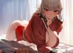  1girl absurdres all_fours braid braided_ponytail breasts cleavage fate/grand_order fate_(series) florence_nightingale_(fate) folded_ponytail gloves highres jacket large_breasts long_hair long_sleeves looking_at_viewer military_jacket pantyhose pink_hair red_eyes red_jacket rororo solo_focus thighs white_gloves white_pantyhose 