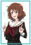  1girl blue_border blush border brown_eyes brown_hair brown_serafuku hair_between_eyes hands_up hibike!_euphonium highres hizikit kita_high_school_uniform motion_lines neckerchief oumae_kumiko pointing pointing_up red_neckerchief school_uniform serafuku short_hair solo sweatdrop upper_body wavy_hair white_background 