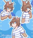  anthro antlers black_nose blue_eyes brown_hair clothing deer fingers hair hi_res horn inner_ear_fluff looking_at_viewer male mammal mookkzhy multiple_positions open_mouth outline pattern_clothing shirt short_hair smile solo striped_clothing stripes topwear tuft white_outline 