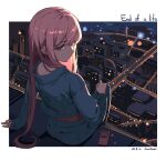  1girl absurdres arm_support artist_name border cityscape dated digital_media_player grey_sweater gum_shrew highres hololive hololive_english long_hair looking_at_viewer mori_calliope night on_roof perspective pink_eyes pink_hair sitting sitting_on_roof song_name sweater virtual_youtuber white_border 