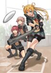  3girls abukuma_(kancolle) abukuma_kai_ni_(kancolle) baseball baseball_bat bike_shorts bike_shorts_under_shorts black_footwear black_gloves black_shorts blonde_hair blue_eyes boots gloves grey_sailor_collar grey_skirt hair_rings highres holding holding_baseball_bat kantai_collection kinu_(kancolle) kinu_kai_ni_(kancolle) long_hair multiple_girls open_mouth partially_fingerless_gloves pink_hair pleated_skirt ponytail red_eyes red_hair red_ribbon revision ribbon sailor_collar short_hair short_sleeves shorts sidelocks skirt tantaka twitter_username yellow_eyes yura_(kancolle) yura_kai_ni_(kancolle) 