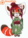  2016 accessory ailurid anthro asian_clothing biped black_markings black_nose chibi clothed clothing dipstick_tail east_asian_clothing eyebrows eyewear female flower flower_in_hair footwear front_view glasses green_eyes hair hair_accessory hair_bun japanese_clothing kazu kimono looking_at_viewer malachyte mammal markings open_mouth open_smile plant red_hair red_panda ring_(marking) ringtail sandals simple_background smile solo standing tail tail_markings teeth tongue white_background white_eyes white_markings 