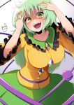  1girl :d absurdres alternate_hair_length alternate_hairstyle breasts commentary_request green_eyes green_hair green_skirt hands_in_hair hands_up highres komeiji_koishi large_breasts long_hair looking_at_viewer messy_hair no_headwear open_mouth polyhedron2 red_eyes shirt skirt sleeves_past_elbows smile solo teeth third_eye tongue touhou very_long_hair wide-eyed wide_sleeves yellow_shirt 