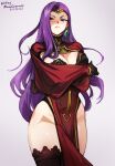  1girl blush breasts cape circlet cleavage crossed_arms dress earrings fire_emblem fire_emblem_echoes:_shadows_of_valentia fire_emblem_gaiden gloves jewelry lace-trimmed_legwear lace_trim large_breasts long_hair looking_at_viewer mature_female mina_cream purple_hair simple_background smile solo sonya_(fire_emblem) thick_thighs thighhighs thighs tiara 