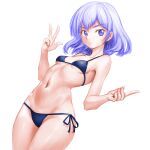  1girl bare_arms bare_shoulders bikini blue_bikini blue_hair breasts cleavage collarbone cowboy_shot groin hands_up highres legs_together light_blue_hair midriff minamoto80486 navel ringed_eyes short_hair side-tie_bikini_bottom simple_background small_breasts solo swimsuit thighs underboob white_background wizardry 