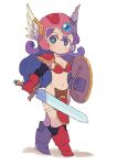  1girl armor bikini_armor black_sleeves blue_eyes blush boots breasts cleavage detached_sleeves dragon_quest dragon_quest_iii gloves hair_between_eyes helmet highres holding holding_shield holding_sword holding_weapon long_hair long_sleeves looking_at_viewer medium_breasts miyata_(lhr) parted_lips pauldrons pink_headwear purple_hair red_armor red_footwear red_gloves shadow shield shoulder_armor simple_background soldier_(dq3) solo sword very_long_hair weapon white_background winged_helmet 