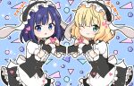  2girls :o ;) animal_ears apron black_hairband black_skirt blonde_hair blue_eyes blue_hair blush center_frills closed_mouth commentary_request fake_animal_ears fleur_de_lapin_uniform frilled_apron frilled_hairband frilled_skirt frills fuiba_fuyu gochuumon_wa_usagi_desu_ka? green_eyes hairband hands_up heart heart_hands kirima_syaro looking_at_viewer mitya multiple_girls one_eye_closed outline parted_lips puffy_short_sleeves puffy_sleeves rabbit_ears shirt short_sleeves skirt smile translation_request uniform waitress white_apron white_outline white_shirt wrist_cuffs 