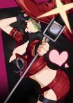  1girl absurdres ass bbhdrrr black_hair breasts cleavage cropped_jacket fingerless_gloves from_side gloves green_eyes guilty_gear guilty_gear_strive hat heart highres hip_vent holding holding_microphone_stand i-no large_breasts looking_at_viewer micro_shorts microphone_stand midriff mole mole_above_mouth short_hair short_sleeves shorts solo thigh_strap tinted_eyewear witch_hat 