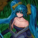  1girl bare_shoulders blue_dress breasts cleavage closed_mouth collarbone detached_sleeves dress grass green_eyes green_hair hair_ornament large_breasts league_of_legends long_hair looking_at_viewer sangchyuya solo sona_(league_of_legends) strapless strapless_dress twintails very_long_hair 