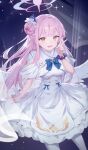  1girl absurdres blue_archive blue_flower blush capelet dress flower hair_bun hair_flower hair_ornament halo highres long_hair looking_at_viewer low_wings mika_(blue_archive) open_mouth pink_halo roi_(liu_tian) single_hair_bun solo sparkle v white_dress white_wings wings yellow_eyes 