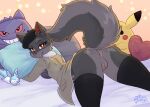  absurd_res anthro bed_sheet bedding betina_(betina-anjing) bite biting_lip eeveelution female generation_1_pokemon generation_3_pokemon generation_6_pokemon gengar genitals hi_res leg_markings looking_at_viewer markings mightyena milk_the_sylveon_(toxicmilkyx) nintendo pikachu pillow plushie pokemon pokemon_(species) presenting pussy socks_(marking) solo sylveon toxicmilkyx 