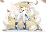  1girl absurdres animal_ears arknights bare_shoulders between_legs black_collar black_footwear black_gloves blonde_hair blue_hairband blush boots braid braided_hair_rings collar colored_tips commentary_request dress earpiece fox_ears fox_girl fox_tail frilled_dress frilled_sleeves frills full_body gloves green_eyes hair_rings hairband highres hugging_own_tail hugging_tail infection_monitor_(arknights) knees_up kuwaiko looking_at_viewer multicolored_hair open_mouth oripathy_lesion_(arknights) pantyhose purple_dress short_sleeves single_glove solo suzuran_(arknights) tail tail_between_legs twin_braids two-tone_hair white_hair white_pantyhose wrist_cuffs 