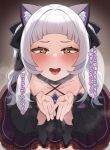  1girl animal_ear_fluff animal_ears arched_bangs black_dress blush breasts cat_ears censored dress gothic_lolita grey_hair hololive lolita_fashion long_hair looking_at_viewer murasaki_shion murasaki_shion_(2nd_costume) open_mouth sidelocks small_breasts speech_bubble tostos virtual_youtuber 