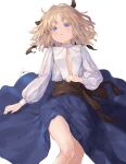  1girl black_ribbon blonde_hair blue_eyes blue_skirt breasts commentary_request expressionless feet_out_of_frame hair_ribbon io_(io_oekaki) long_skirt long_sleeves looking_at_viewer lying medium_hair on_back open_clothes open_shirt original parted_lips ribbon sash shirt simple_background skirt small_breasts thighs white_background white_shirt 