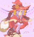  1girl breasts candy cape celine_jules fishnet_thighhighs fishnets flower food gloves hair_flower hair_ornament halloween hat high_heels jack-o&#039;-lantern lips long_hair looking_at_viewer pointy_hat purple_hair skirt smile solo star_ocean star_ocean_the_second_story taramo0623 thighhighs witch witch_hat 