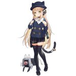 1girl animal_ear_headwear animal_ears backpack bag bandaged_tail behind-the-head_headphones bell black_choker black_footwear black_skirt black_tail black_thighhighs blonde_hair blue_bag blue_headwear blue_jacket blush choker dinergate_(girls&#039;_frontline) fake_animal_ears fake_tail fake_whiskers flashbang full_body girls&#039;_frontline green_eyes haijin hat headphones holding_strap jacket long_hair long_sleeves looking_at_viewer mary_janes neck_bell non-humanoid_robot official_art parted_lips pleated_skirt ribbon_legwear robot sangvis_ferri shirt shoes simple_background skirt solo standing tail tail_bell tail_ornament tape thigh_pouch thigh_strap thighhighs tmp_(black_cat_nursery)_(girls&#039;_frontline) tmp_(girls&#039;_frontline) transparent_background white_shirt 