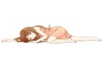  1girl barefoot black_eyes brown_hair closed_mouth dress expressionless full_body invisible_floor long_hair looking_at_viewer lying mink25 on_stomach orange_dress original personification simple_background sleeveless sleeveless_dress solo white_background 